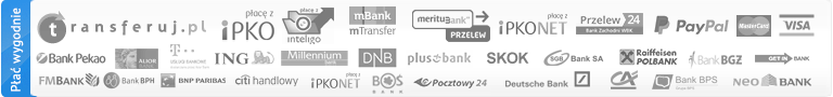Umożliwiamy szybkie płatności internetowe za pomocą serwisu Transferuj.pl, do wyboru jest aż 40 banków i płatności kartami VISA/MASTERCARD